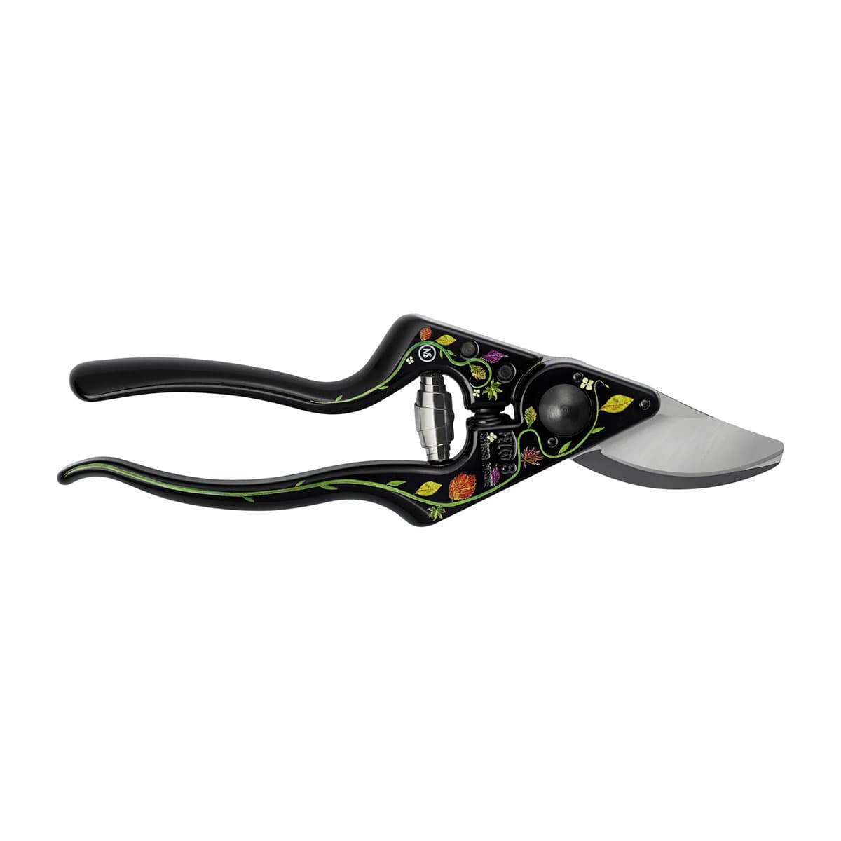 Sort havesaks med blomsterdekoration på håndtagene