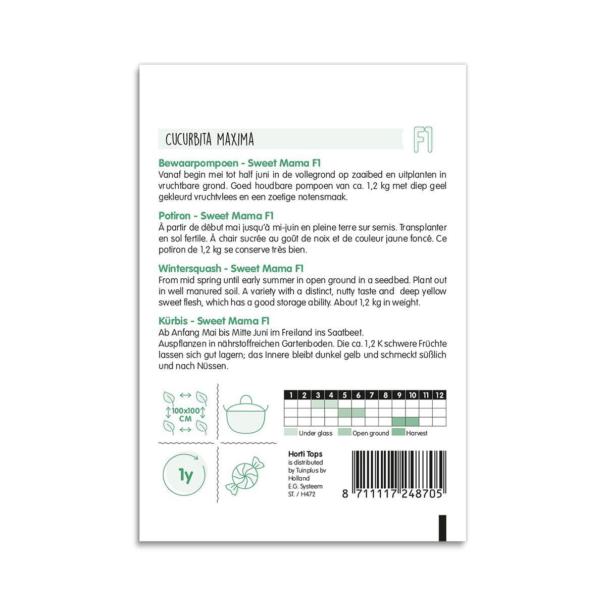 Bagside af frøpose til vintersquash Sweet Mama F1