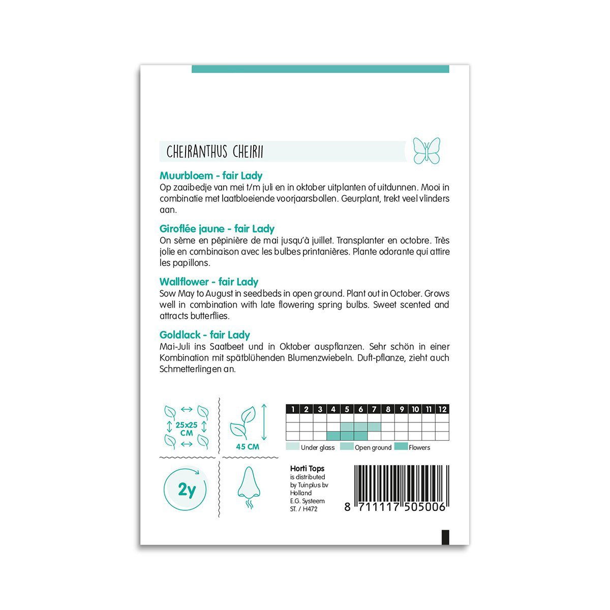 Bagside af frøpose til gyldenlak ‘Fair Lady’ blanding