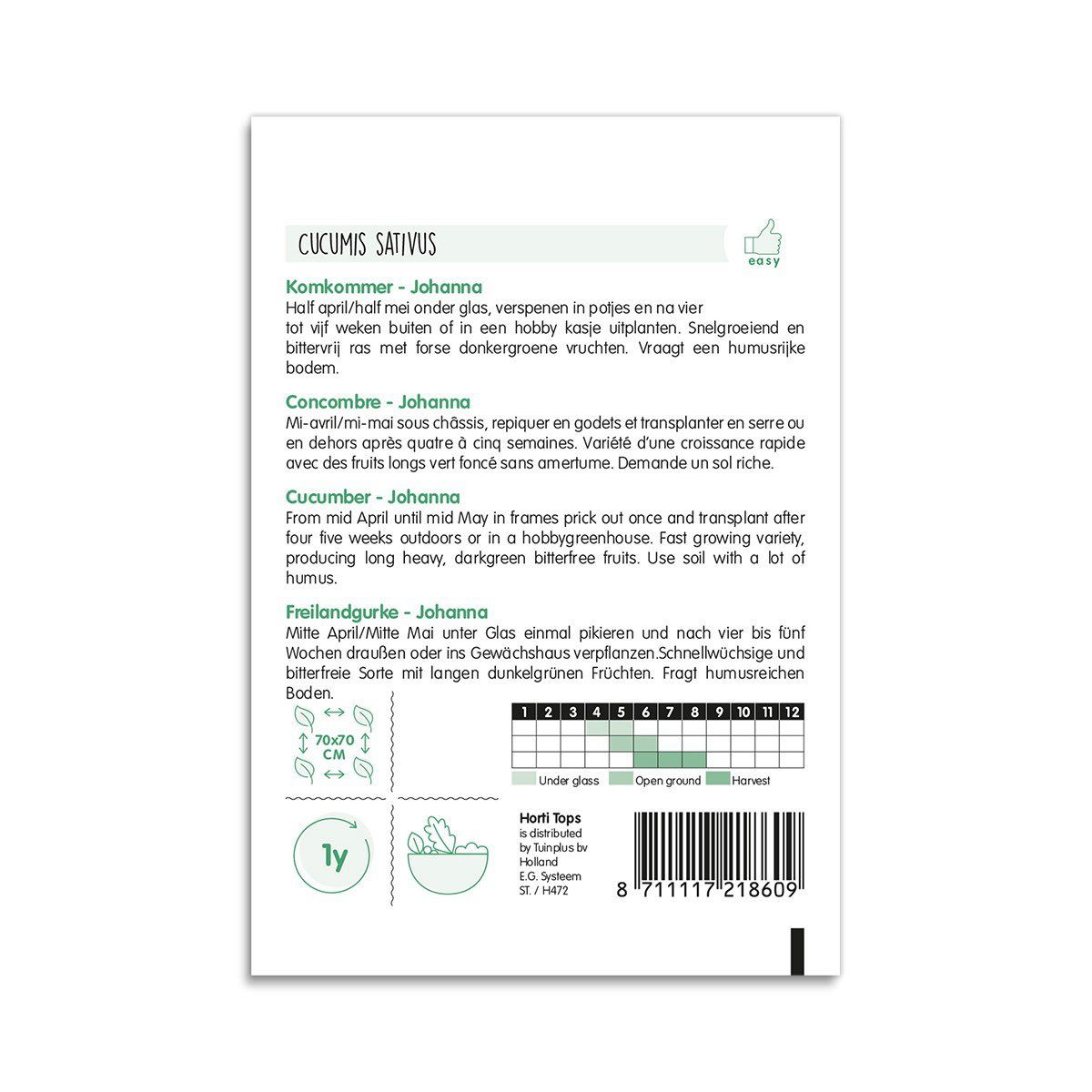 Bagside af pose med agurkefrø Johanna og dyrkningsvejledning