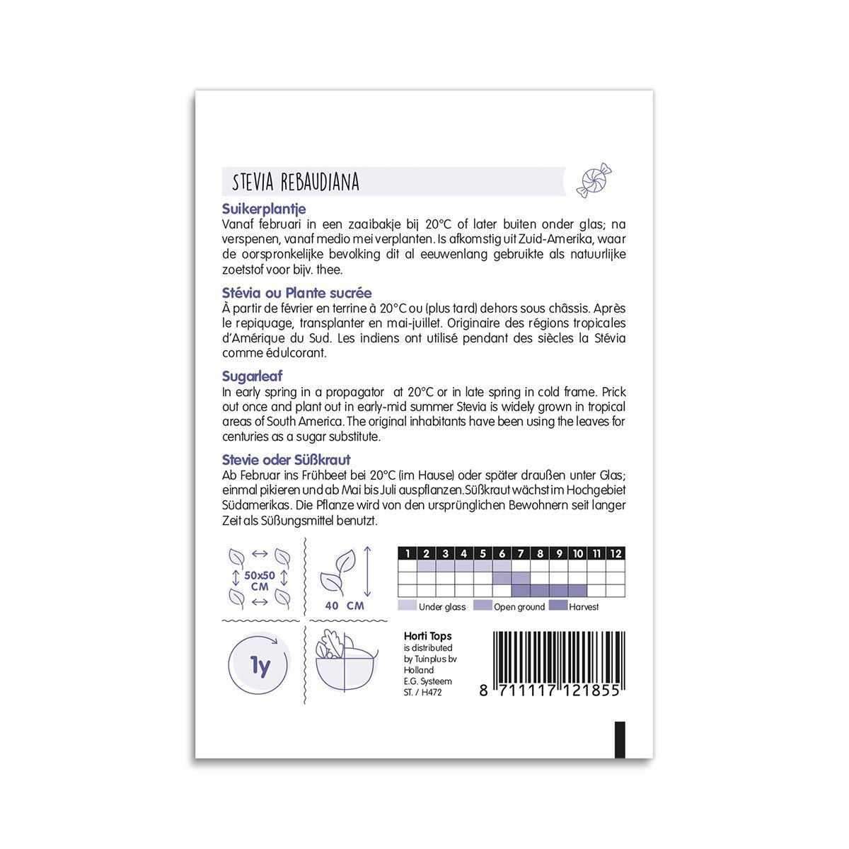 Bagside af frøpose til Stevia rebaudiana plante