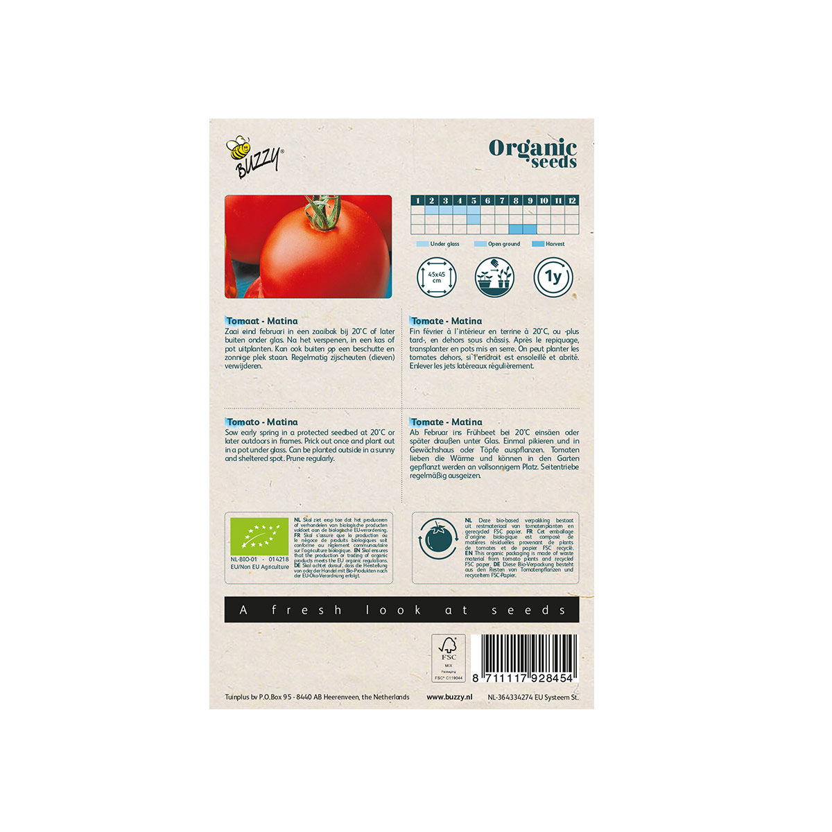 Buzzy Organic Seeds tomatfrø Matina bagside