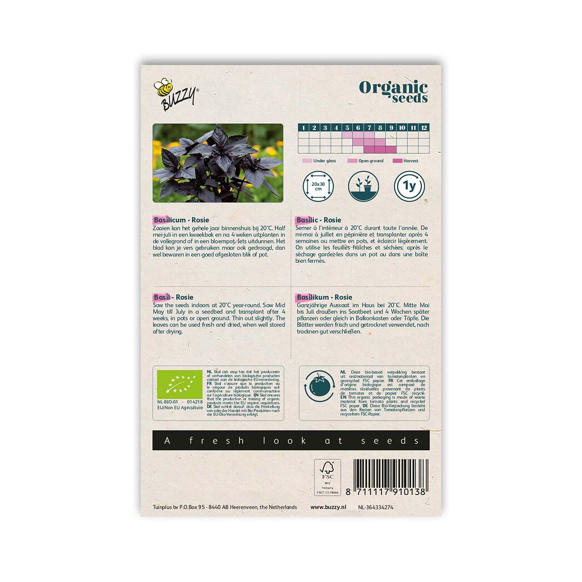 Buzzy økologiske basilikumfrø Rosie bagside