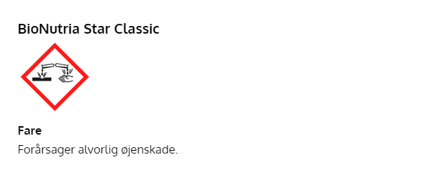 BioNutria Star Classic med farepiktogram for alvorlig øjensk