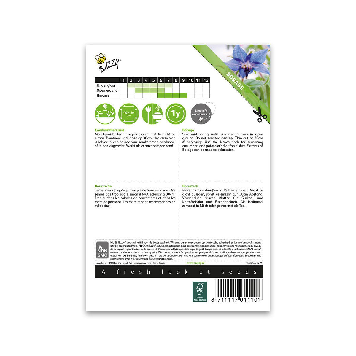 Bagside af Buzzy Seeds borage frøpakke med info