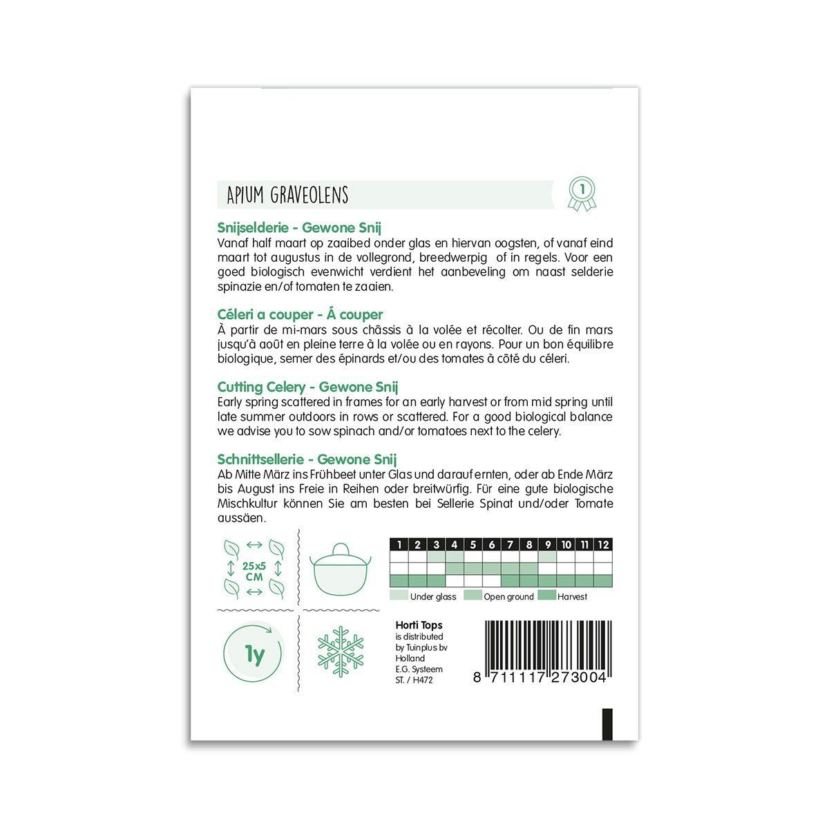 Bagside af frøpose til bladselleri Apium graveolens