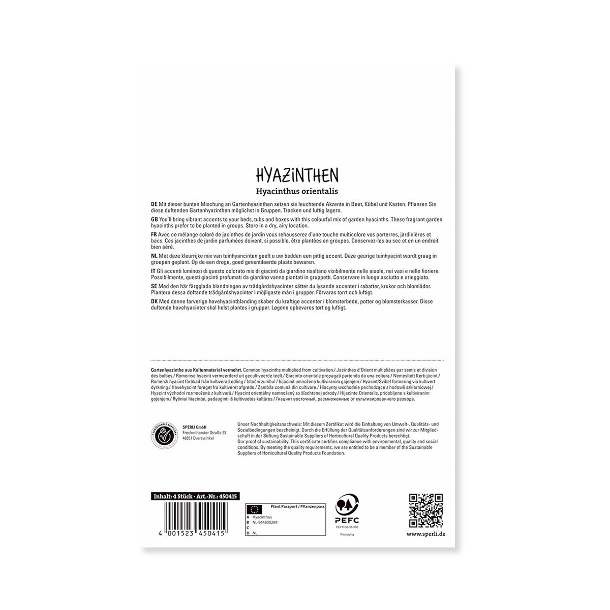 Bagside af pakke med Hyacinthus orientalis hyacintløg
