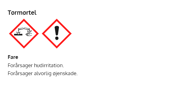 Tørmørtel med advarsel om hud- og øjenskade