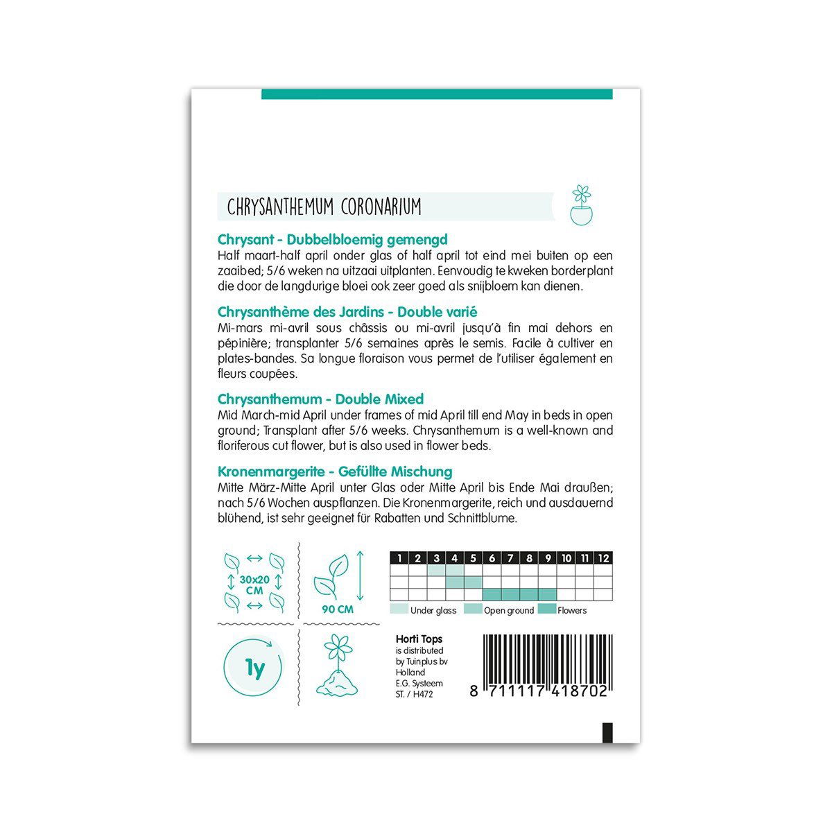 Bagside af krysantemum frøpose med info