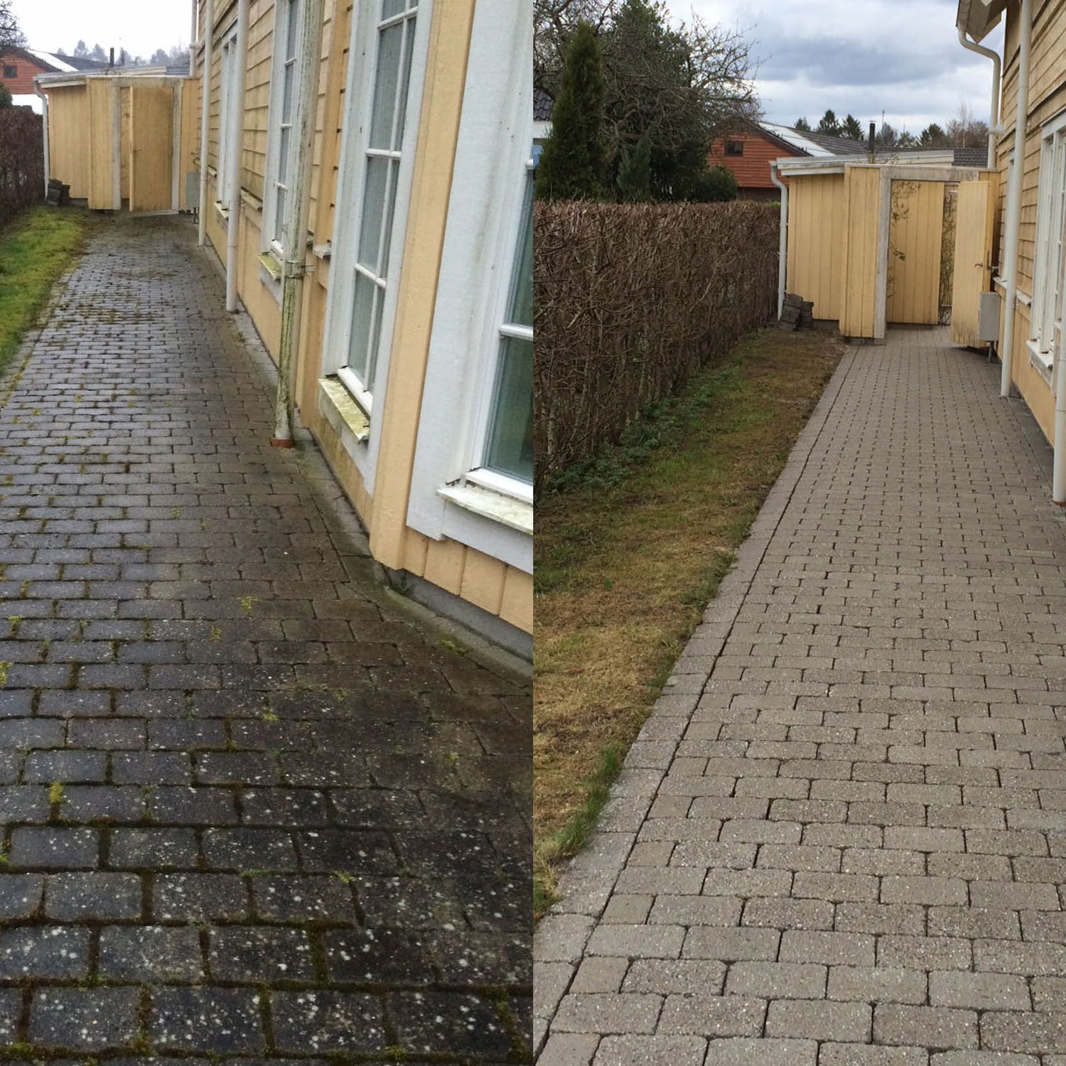 Sammenligning før og efter rensning af flisegang