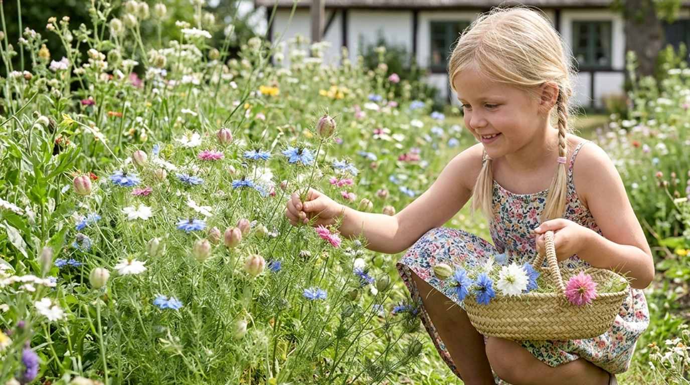 Pige i blomstereng plukker vilde blomster med flettet kurv Lille pige i blomsterkjole plukker blå og hvide vilde blomster i en sommereng og holder en flettet kurv med blomster foran et bindingsværkshus