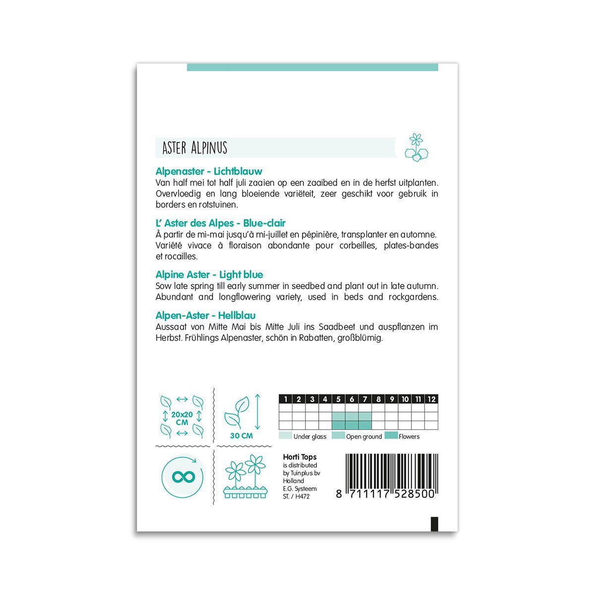 Frøpose med alpeasters, lyseblå staudeblomster