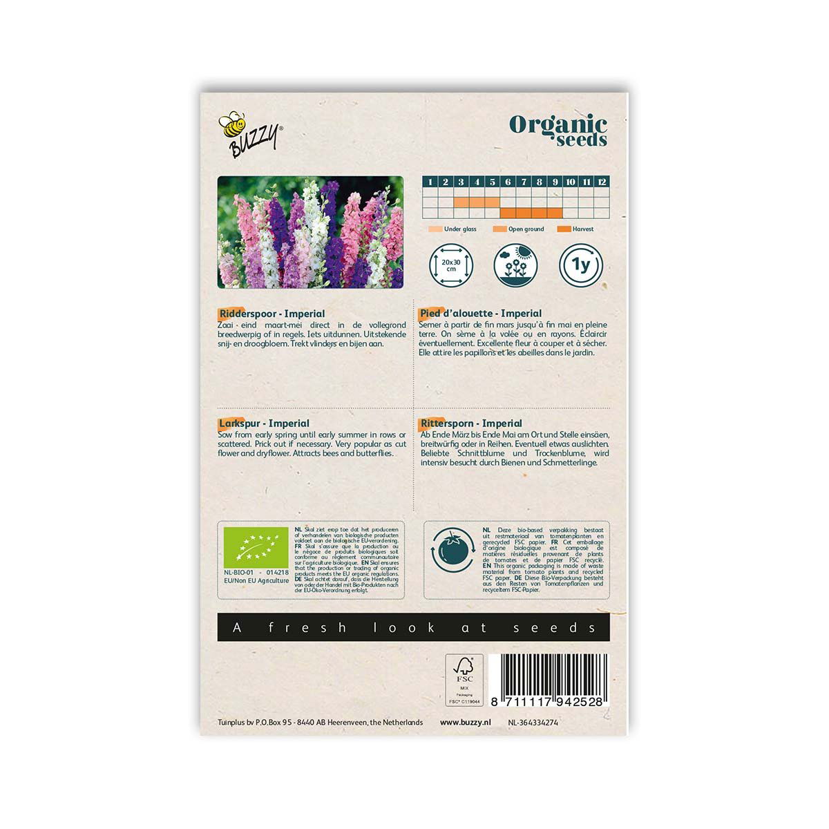 Bagside af pose med økologiske riddersporefrø