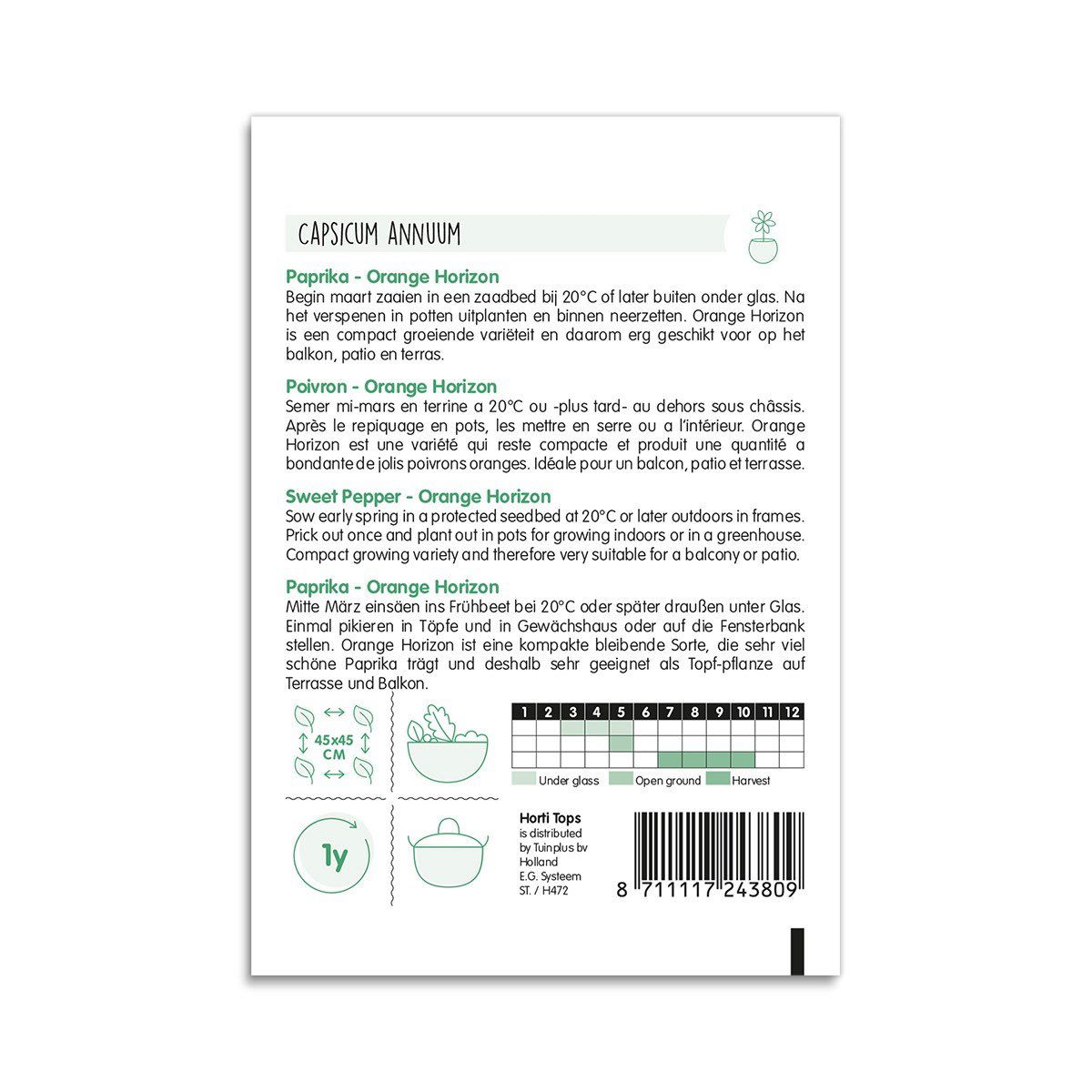 Bagside af frøpose til paprika Orange Horizon med info