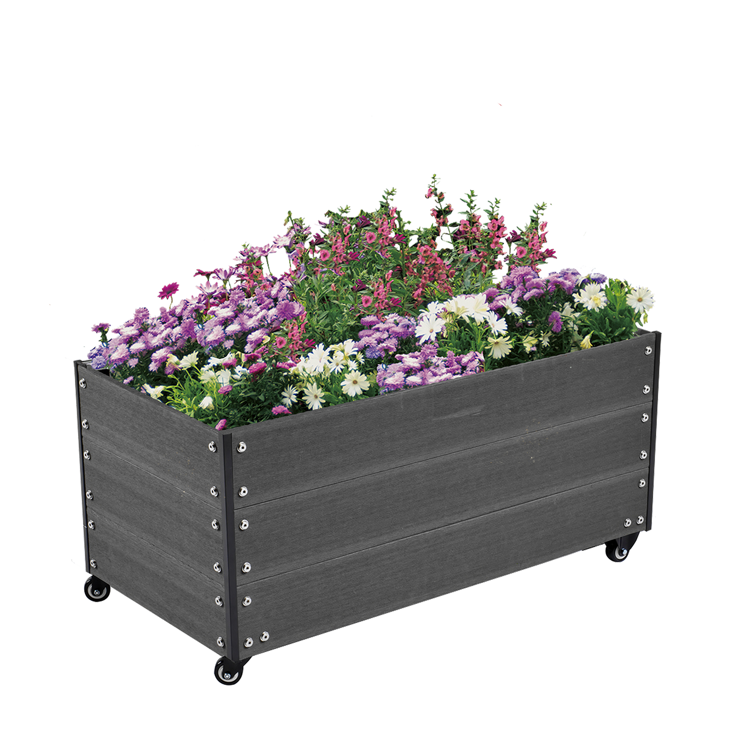 Rektangulært højbed på hjul fyldt med blomster