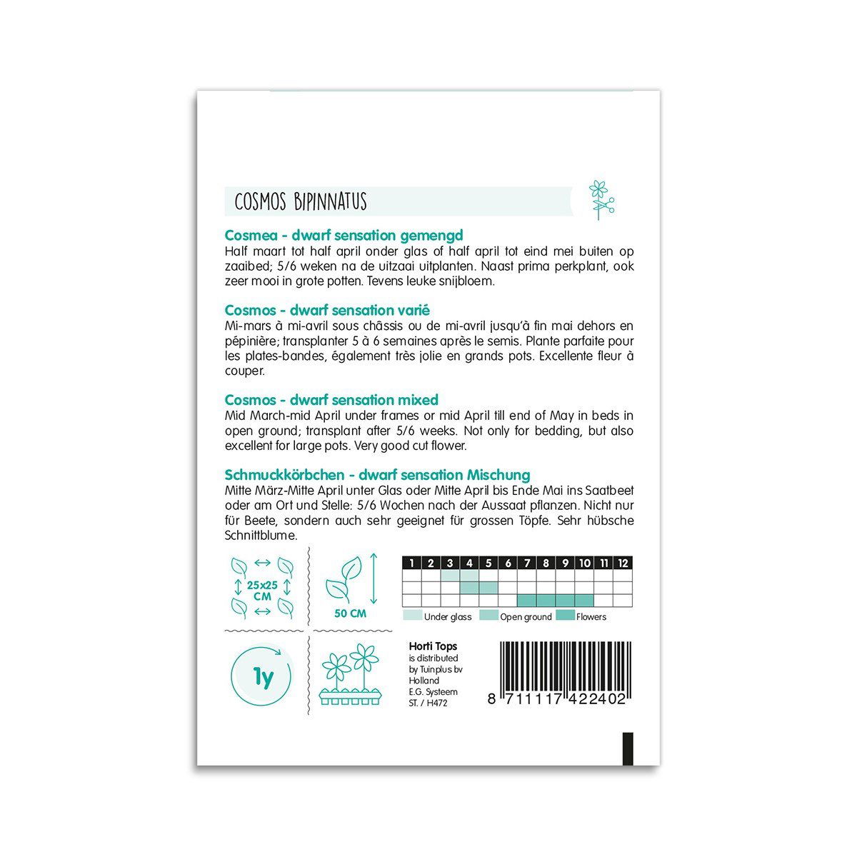 Bagside af Cosmos bipinnatus dværg sensation frøpose