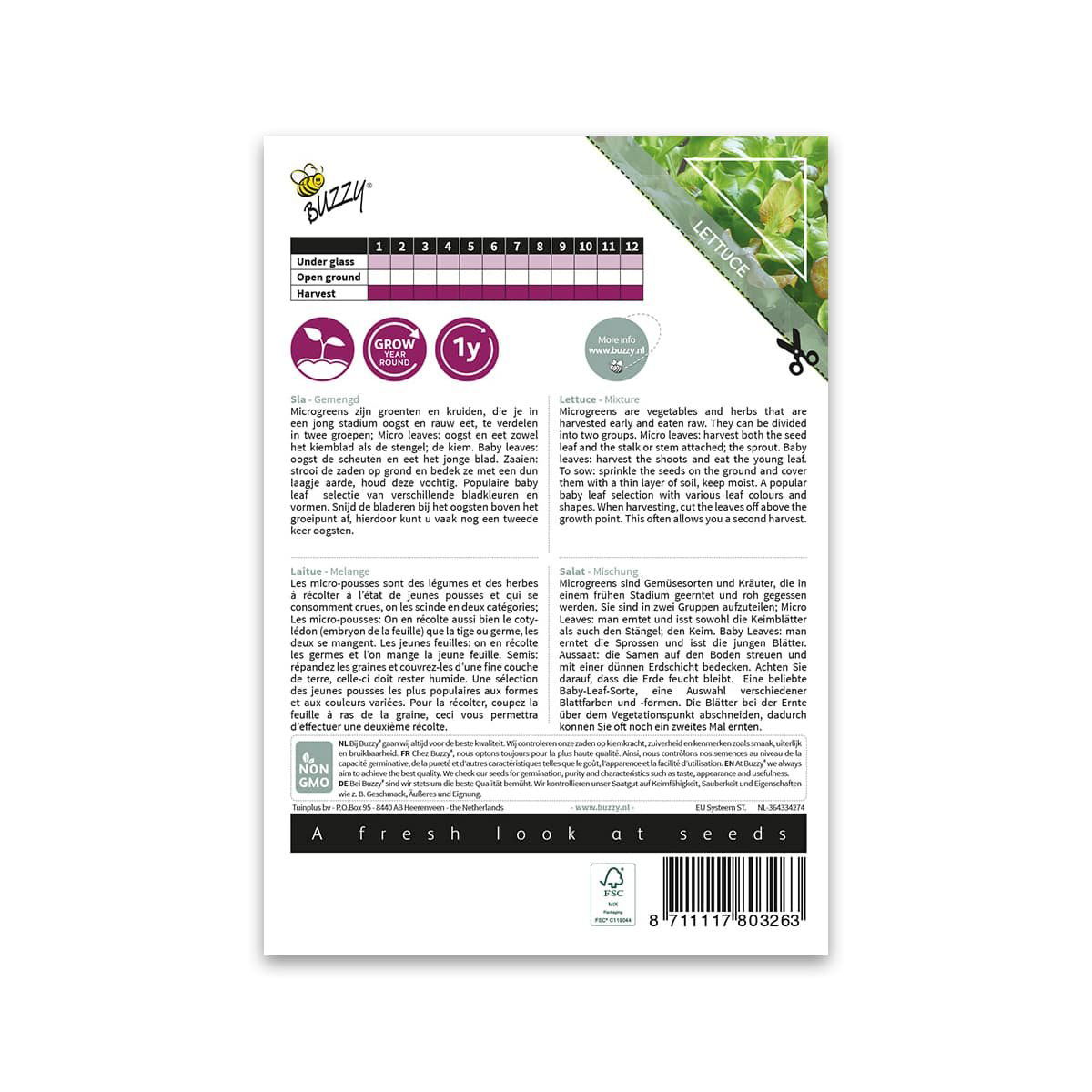 Buzzy salat microgreens frøpose bagside