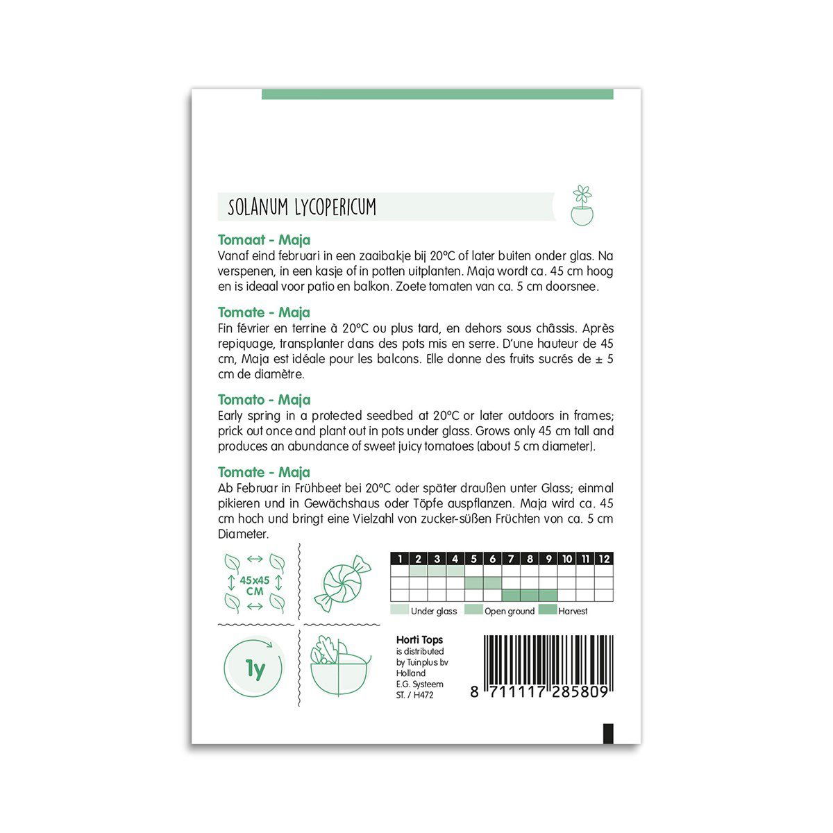 Bagside af frøpose til tomat Solanum lycopersicum Maja