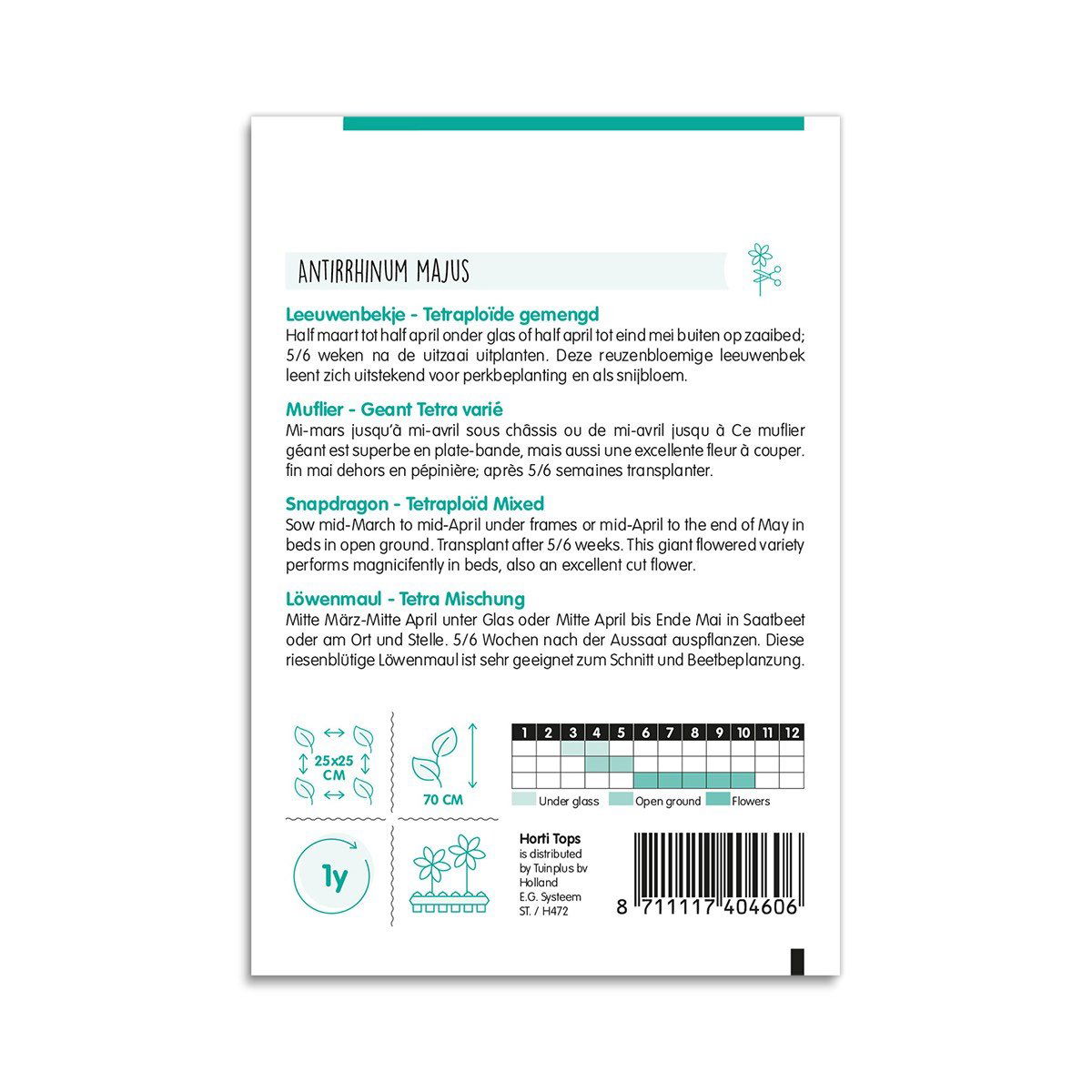 Bagside af pose med Løvemund frøblanding Antirrhinum majus