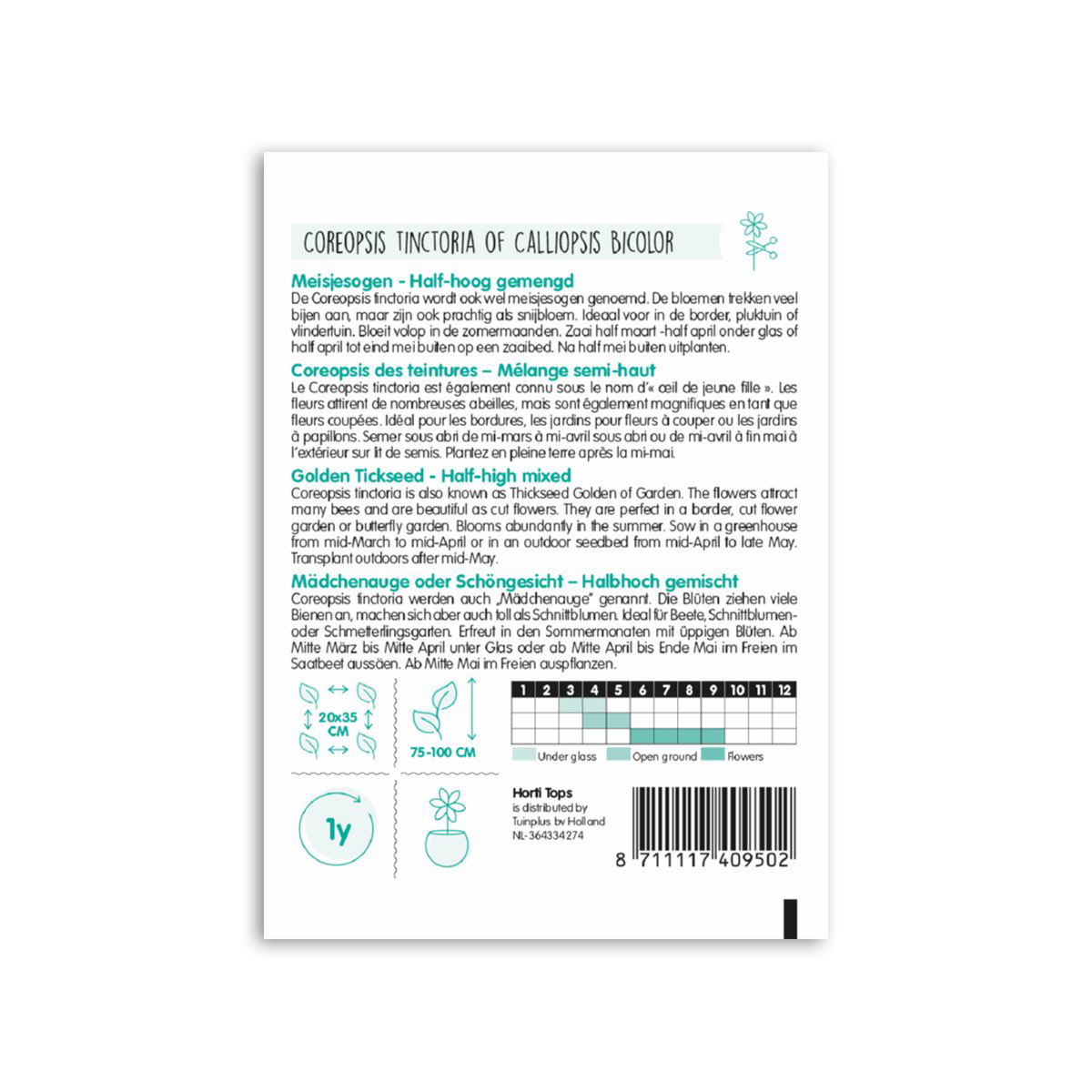 Bagside af pose med Coreopsis frø Golden Tickseed