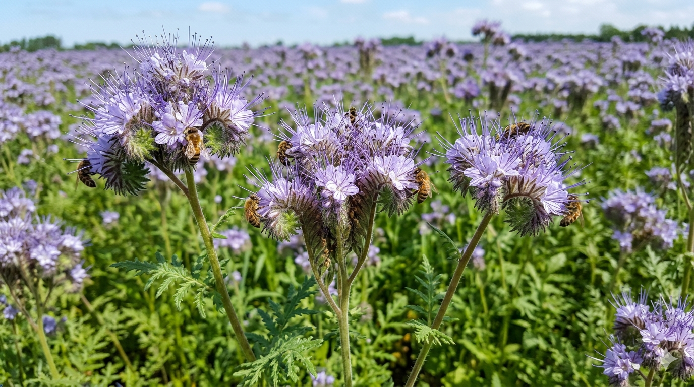 Nærbillede af lilla phacelia-blomster i en mark med flere bier
