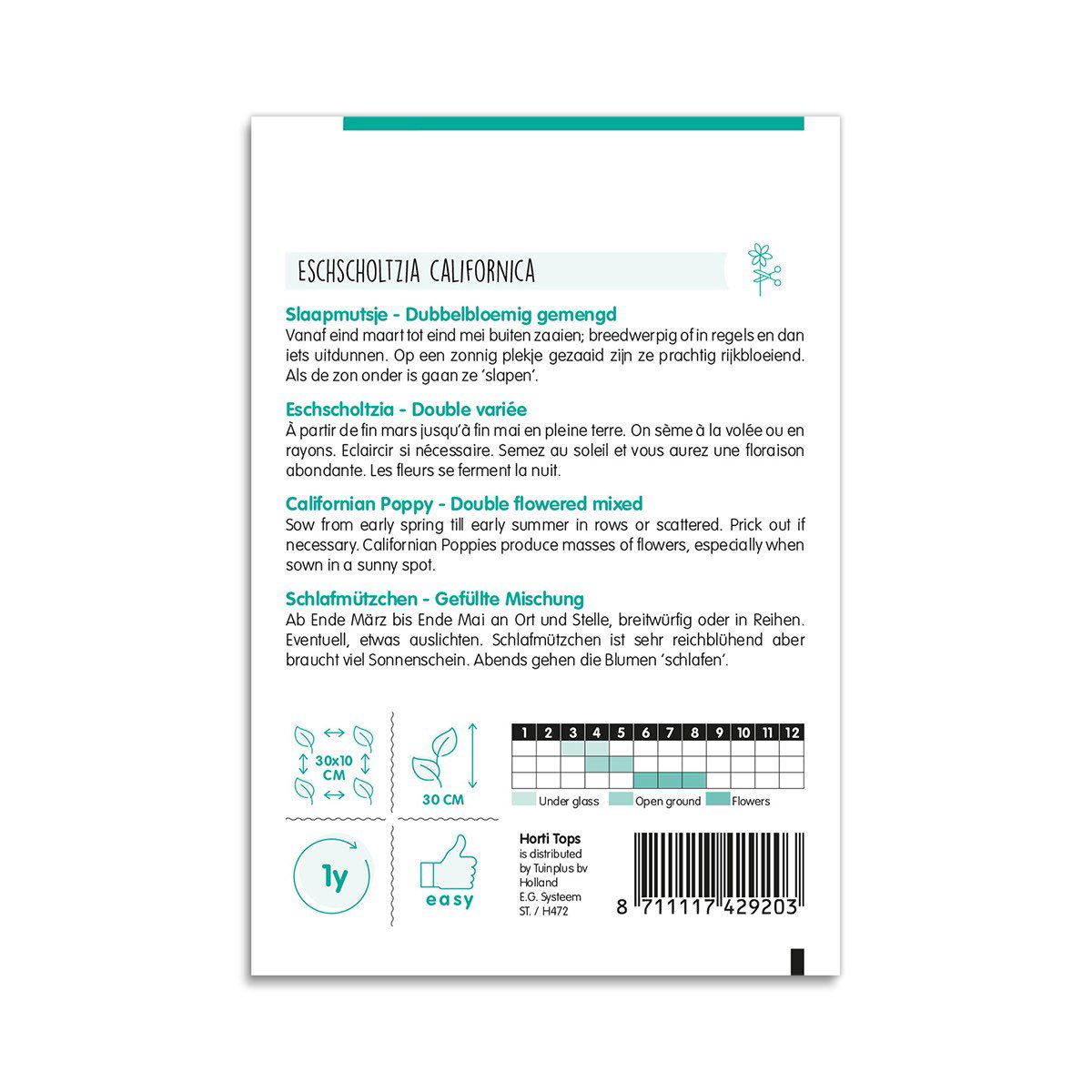 Bagside af frøpose med Eschscholtzia californica blanding
