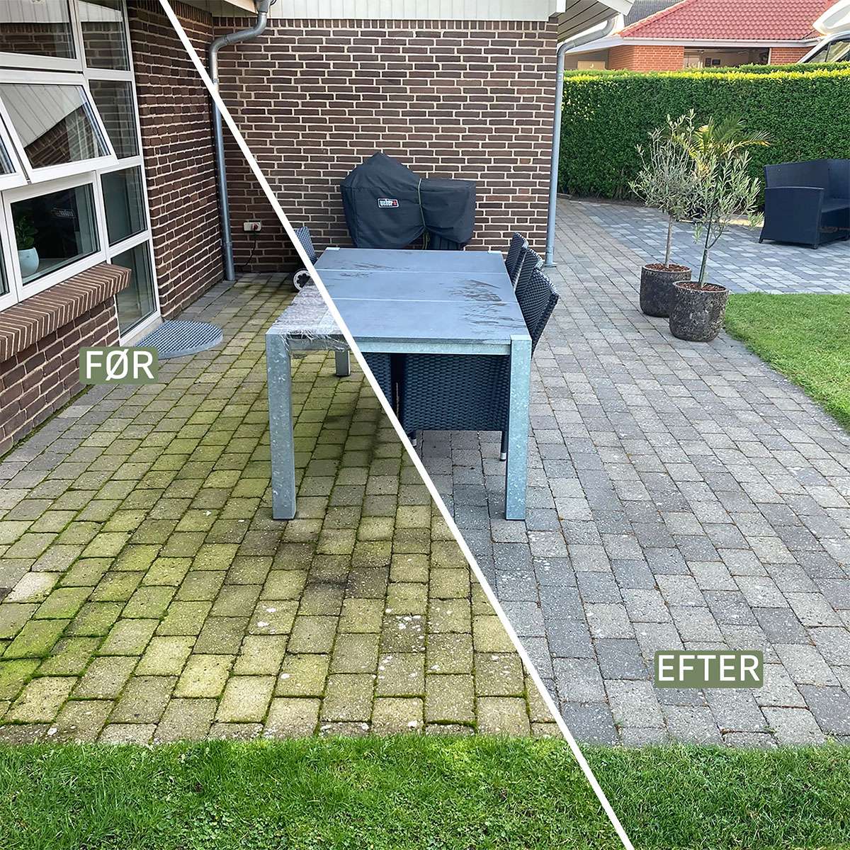 Terrassefliser før og efter rens for alger og snavs