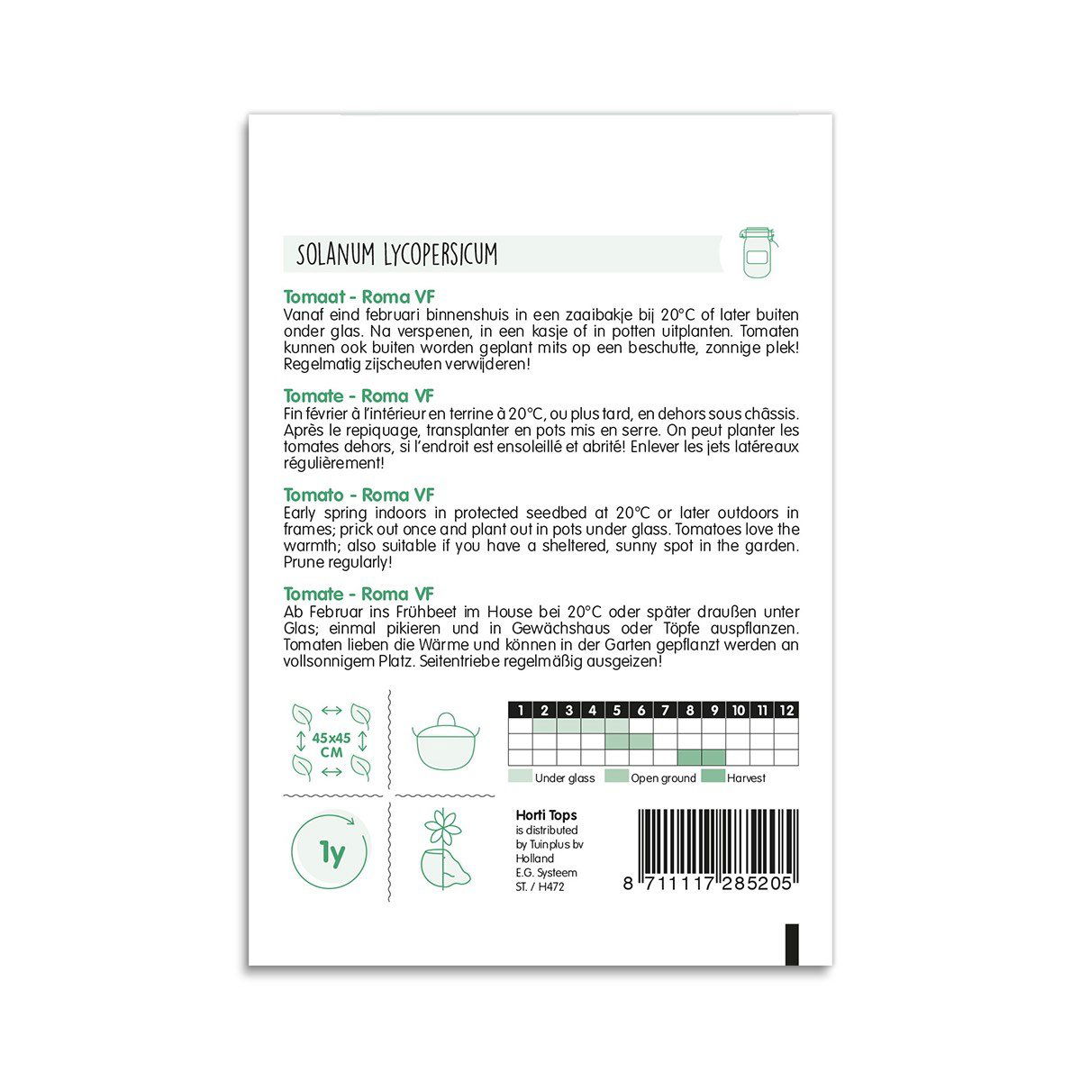 Bagside af pakke med tomatfrø Roma VF og dyrkningsinfo