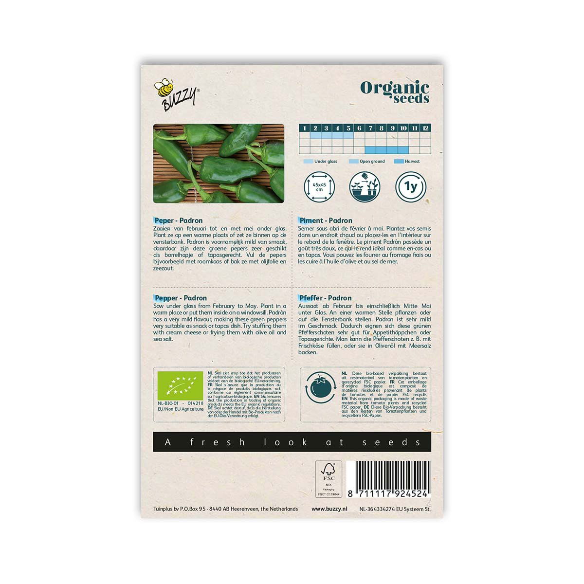 Bagside af pose med økologiske Padron-peberfrø