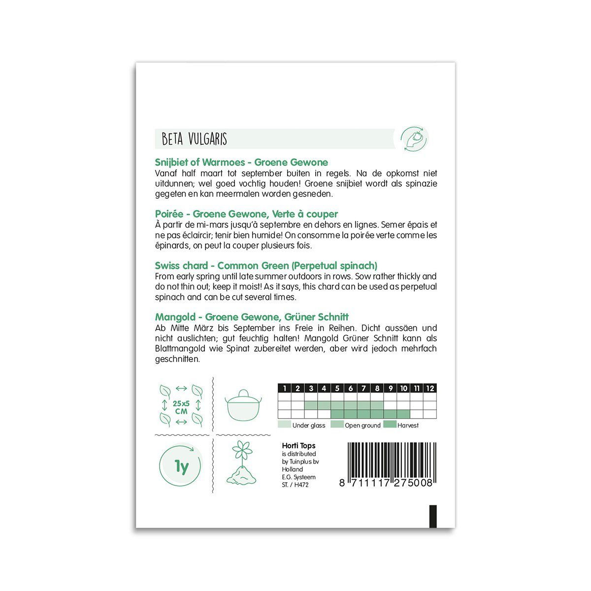 Bagside af frøpose til grøn mangold med dyrkningsinfo