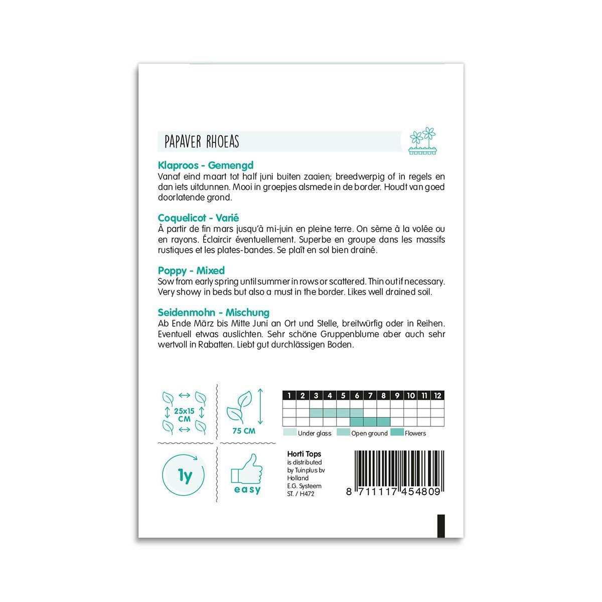 Bagside af pose med blandede valmuefrø