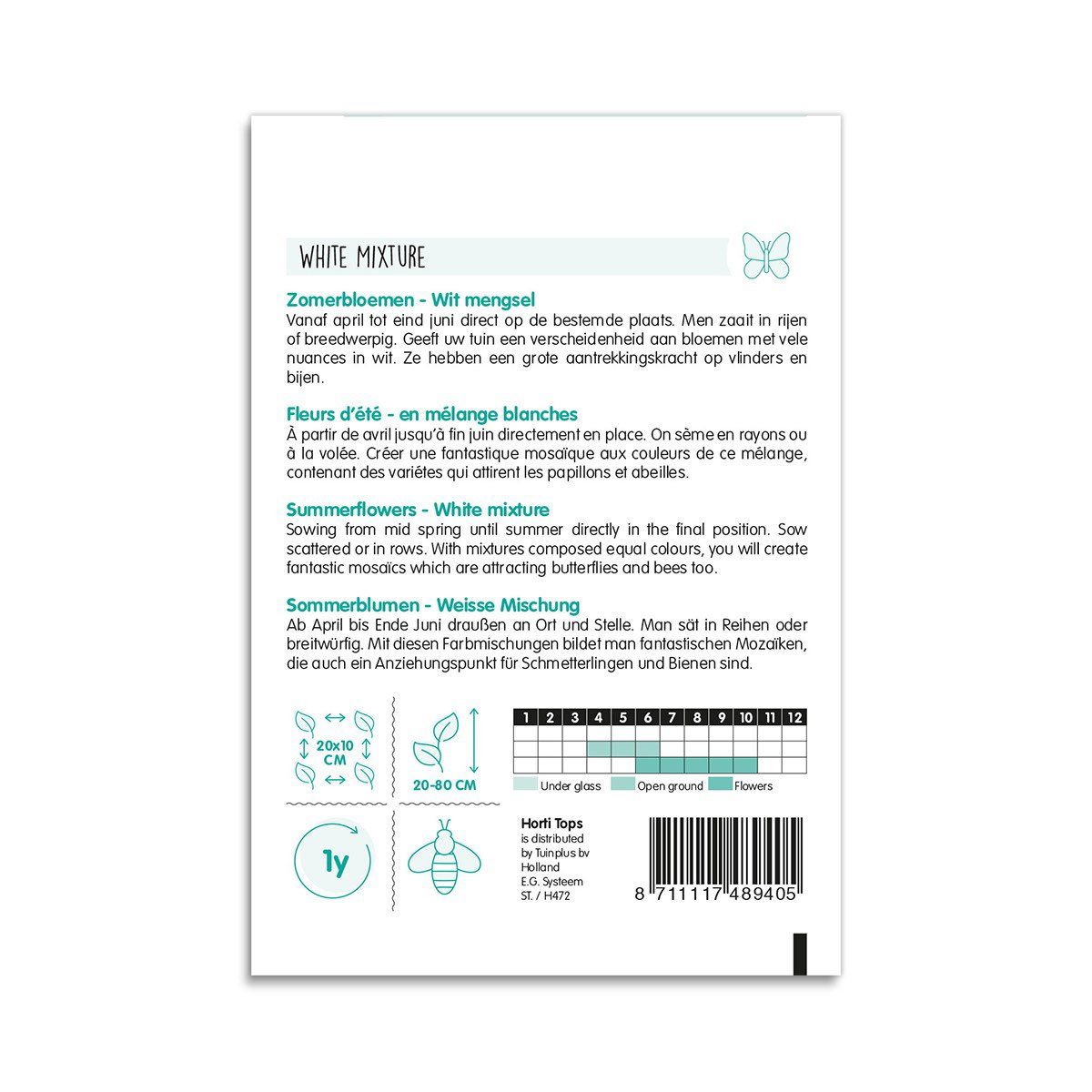 Bagside af frøpose til hvide sommerblomster