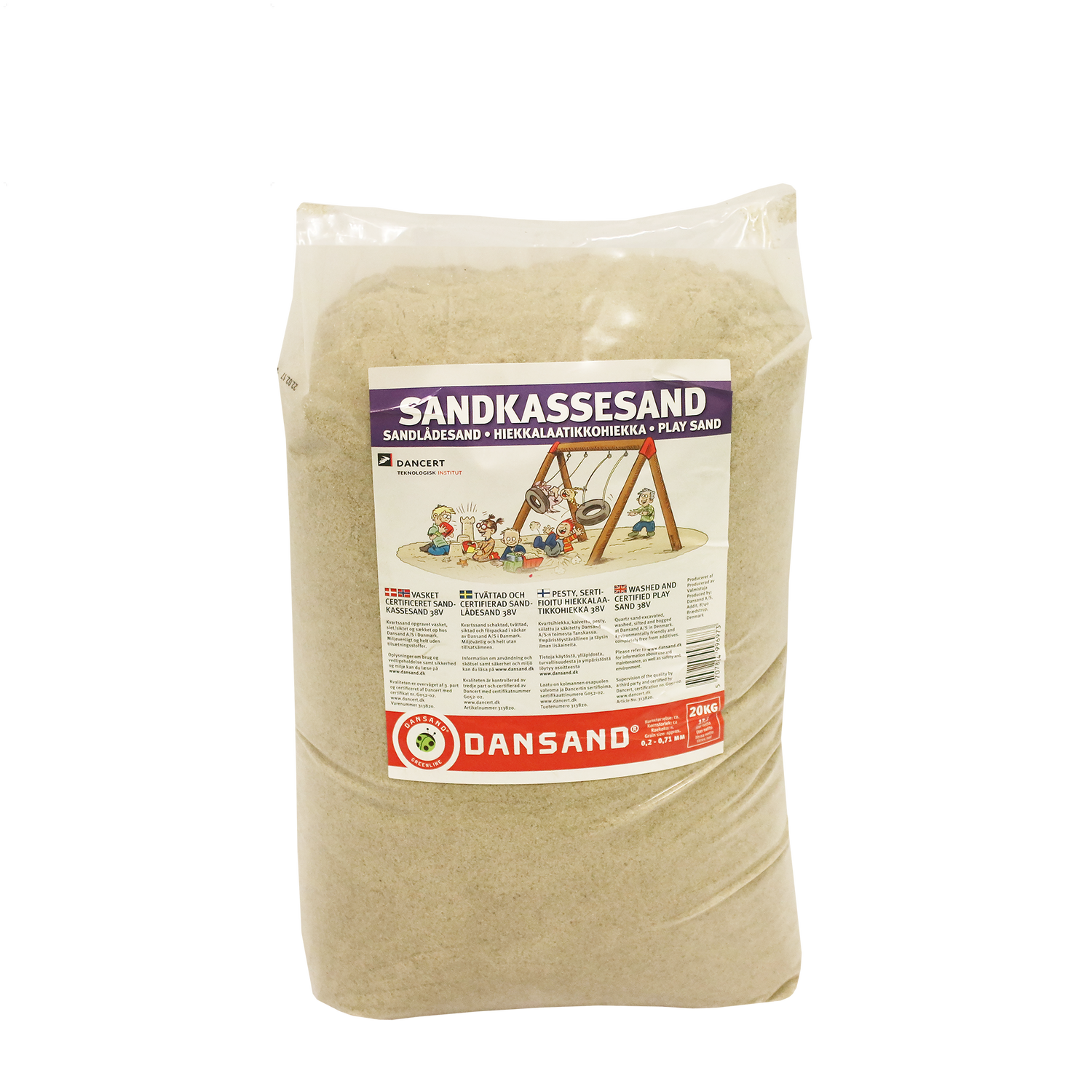 Sæk med Dansand sandkassesand 20 kg til legeplads