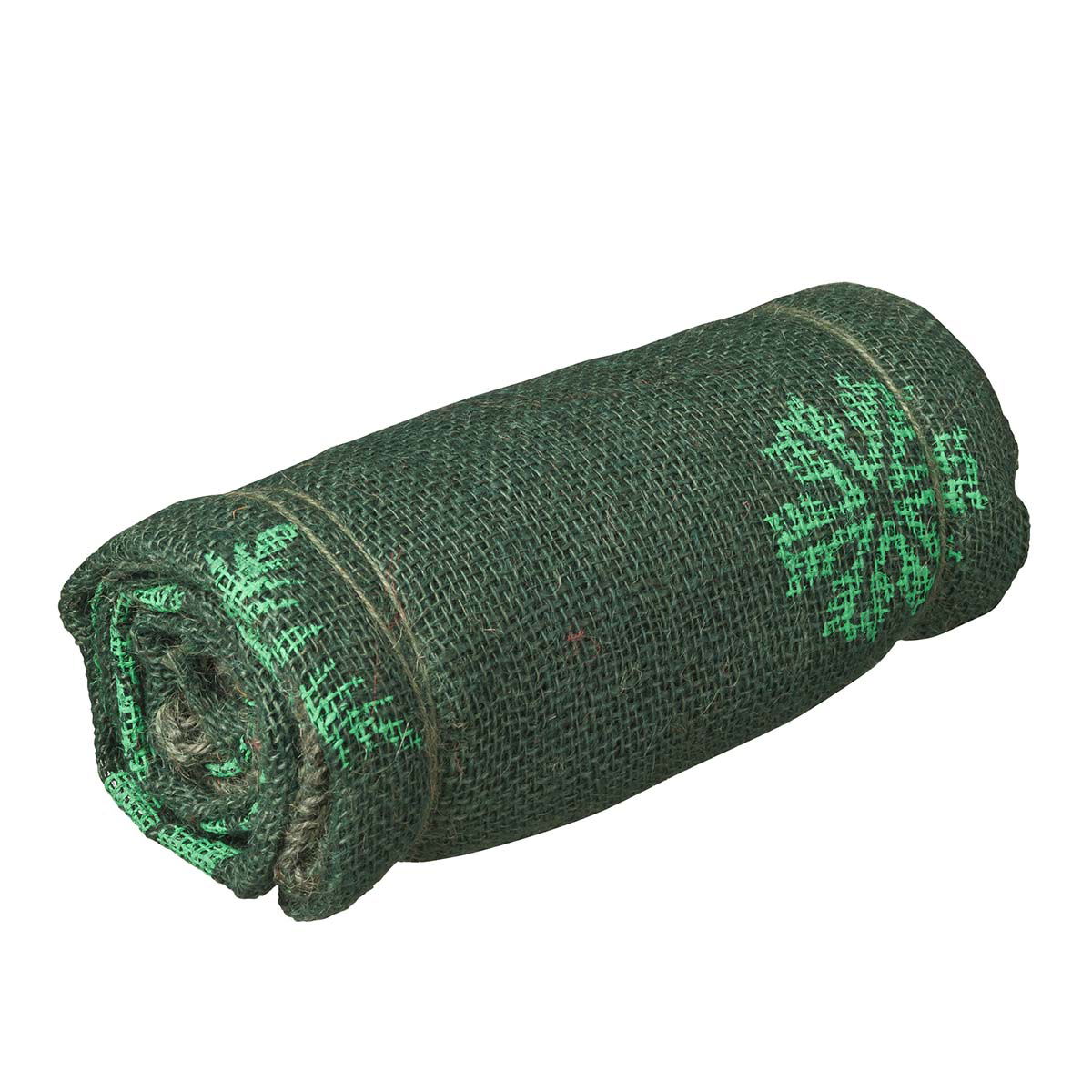 Rullet grønt jutetæppe med bladmønster