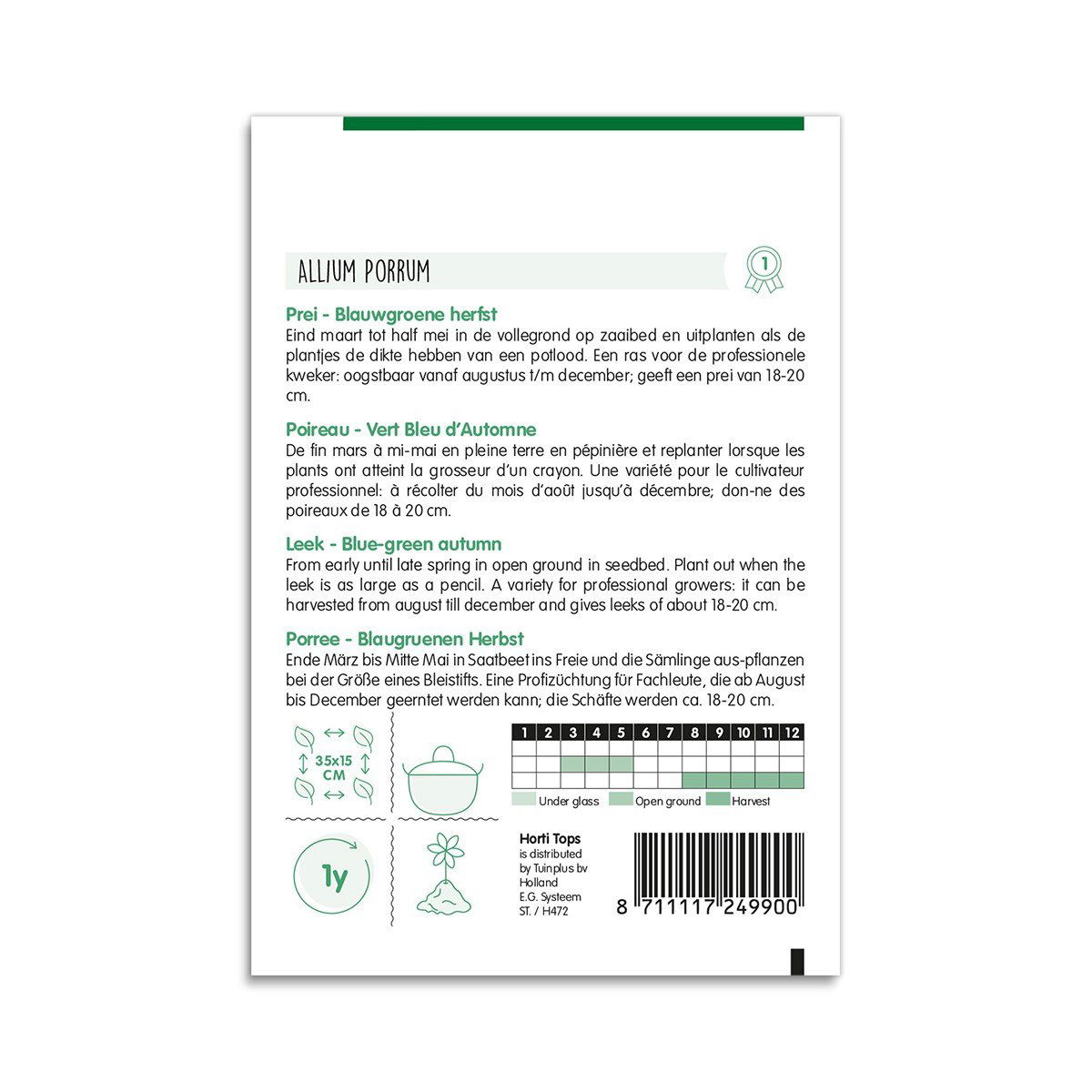 Bagside af pose med porrefrø Blue-green autumn