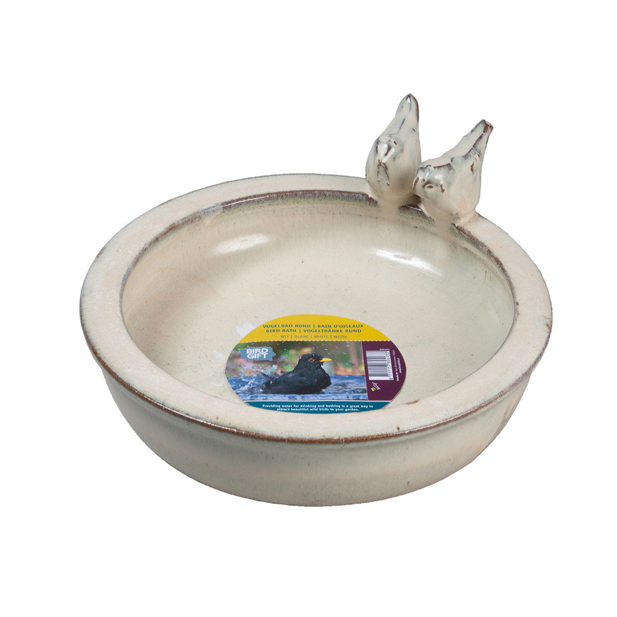 Lyst rundt keramik fuglebad med to fugle på kanten