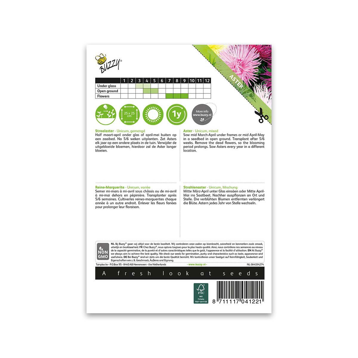 Bagside af Buzzy Aster Unicorn mix blomsterfrøpose