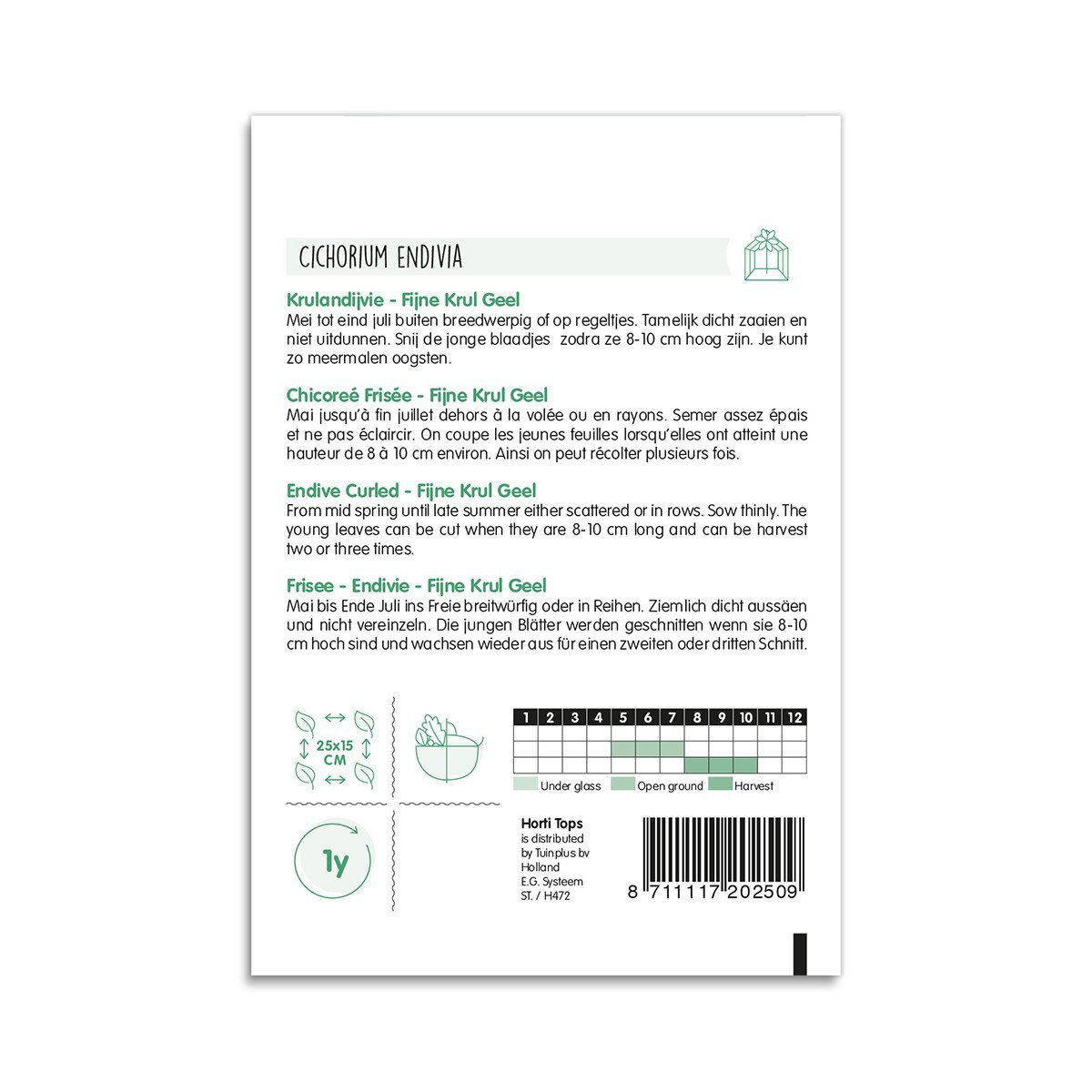 Bagside af frøpose til Cichorium endivia frisésalat