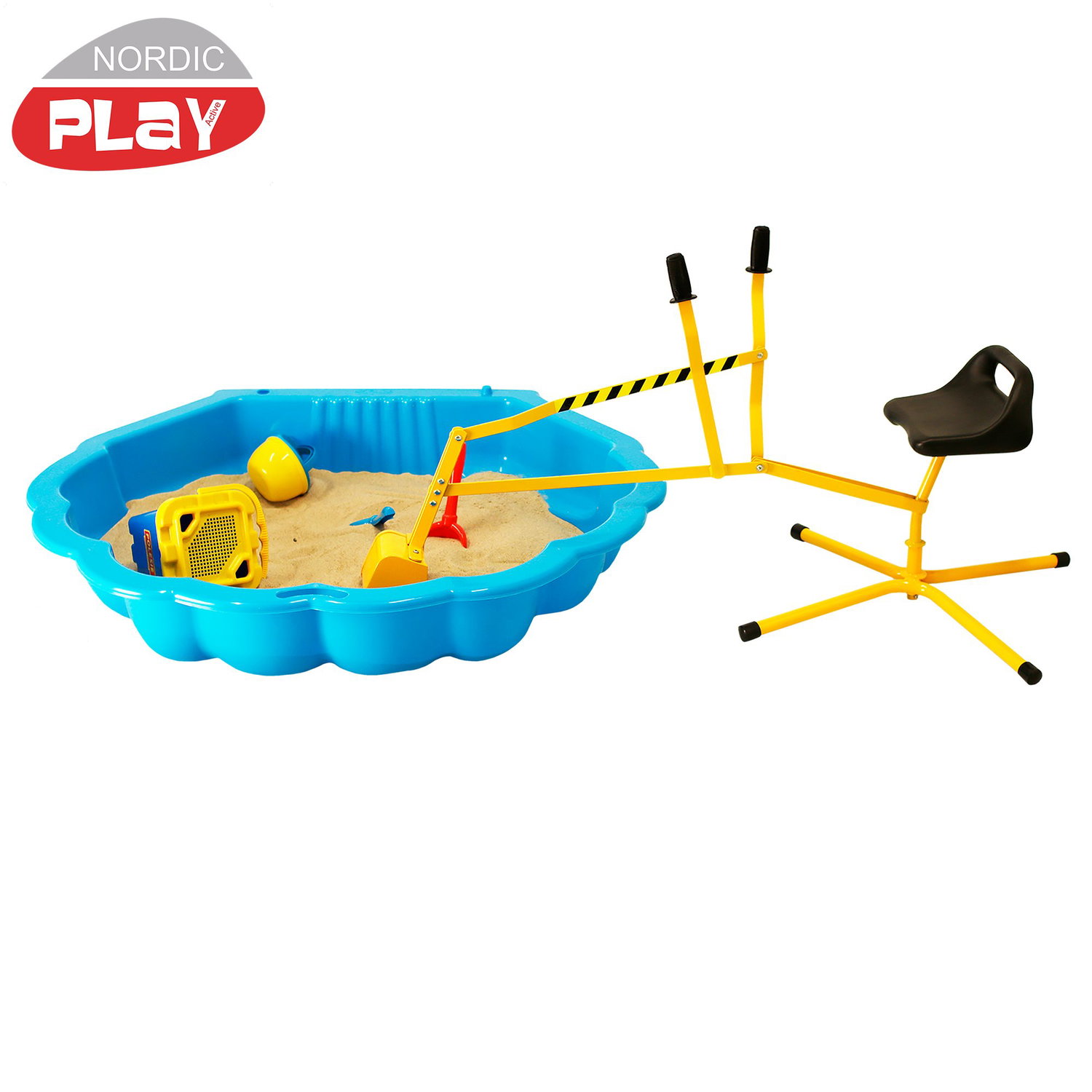 Blå Nordic Play sandkasse med gul gravemaskine