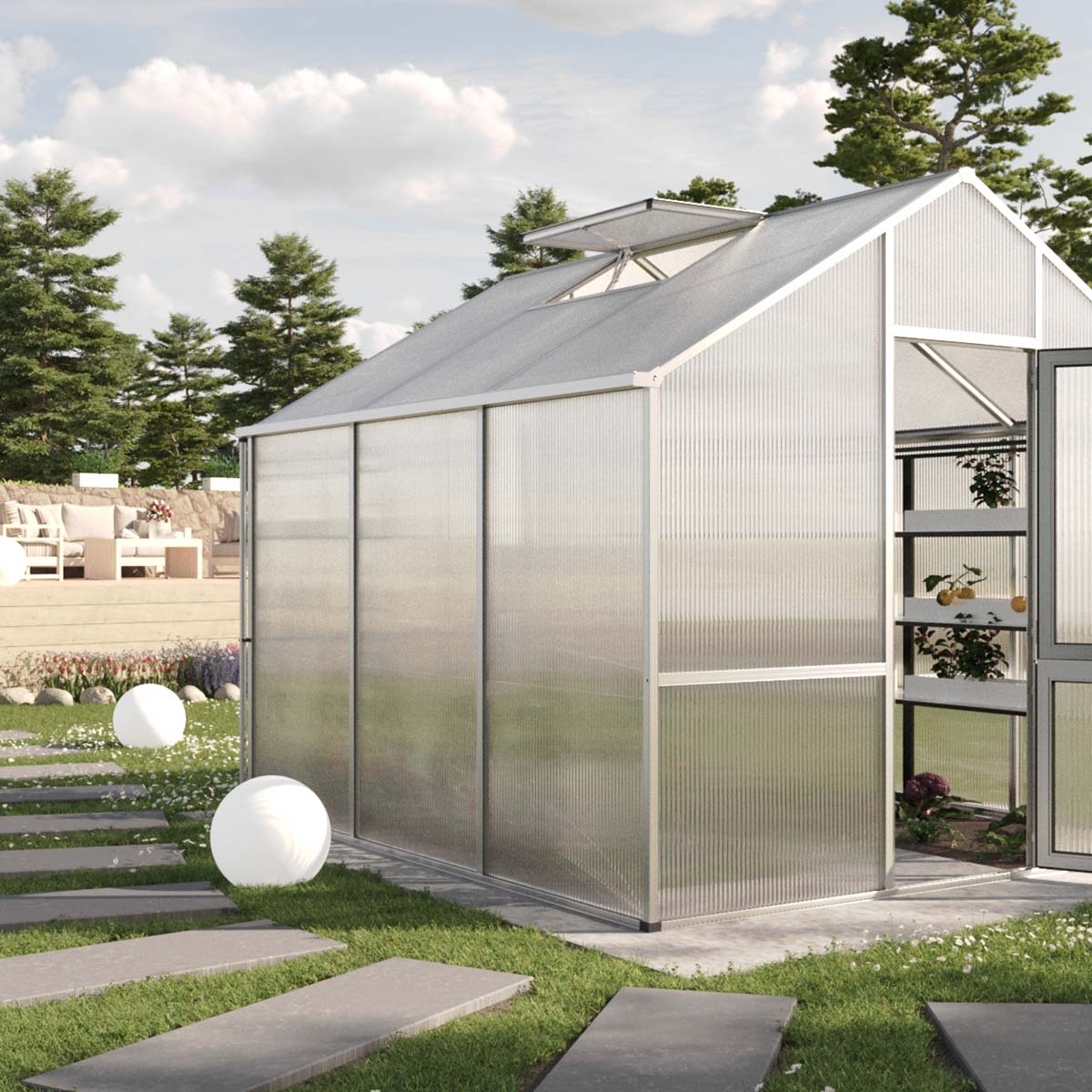 Moderne aluminiumsdrivhus i lys haveomgivelse