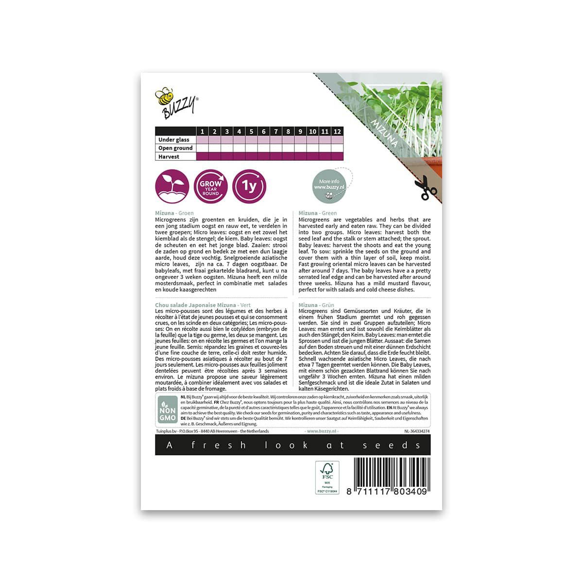 Buzzy frøpakke til dyrkning af mizuna mikrogrønt