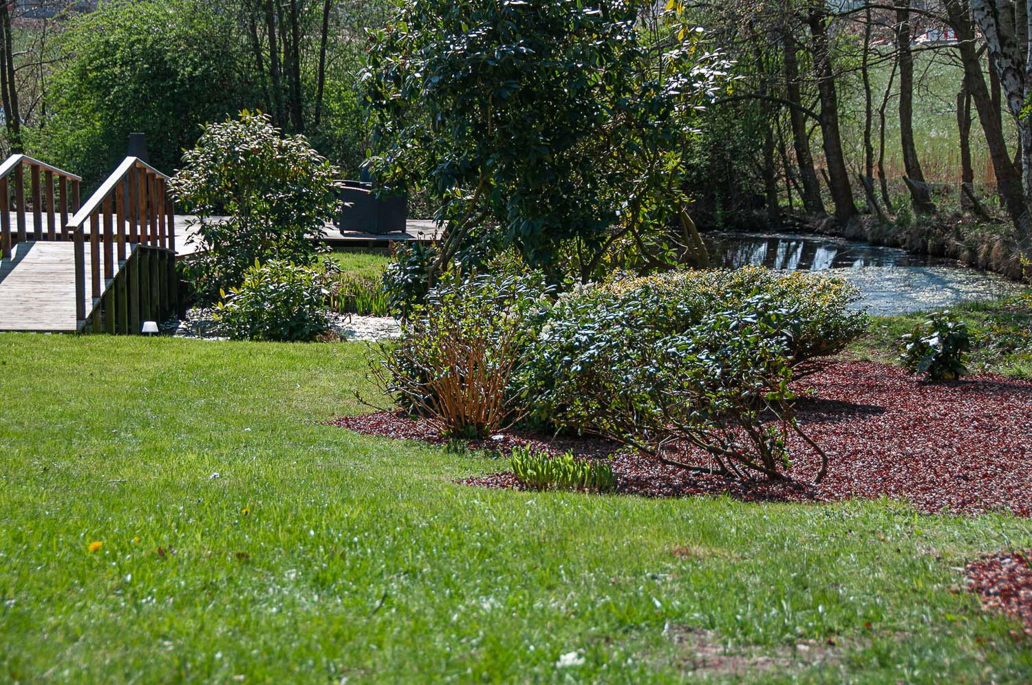 Grøn have med træbro, buske og lille å