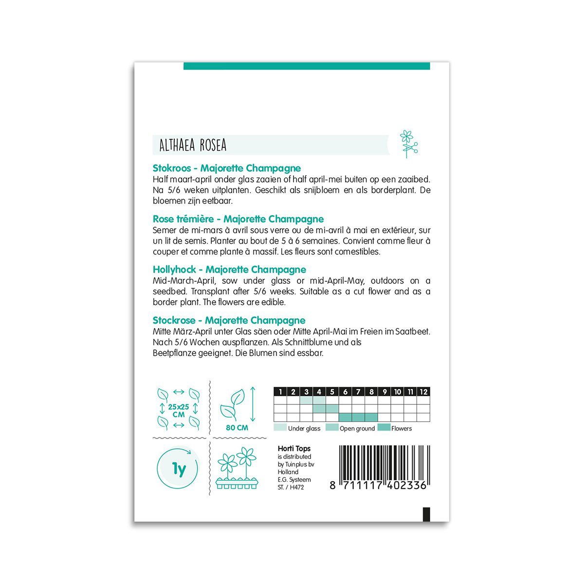 Bagside af frøpose til stokrose Majorette Champagne