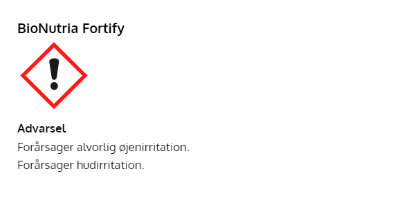 BioNutria Fortify med advarsel om øjen- og hudirritation
