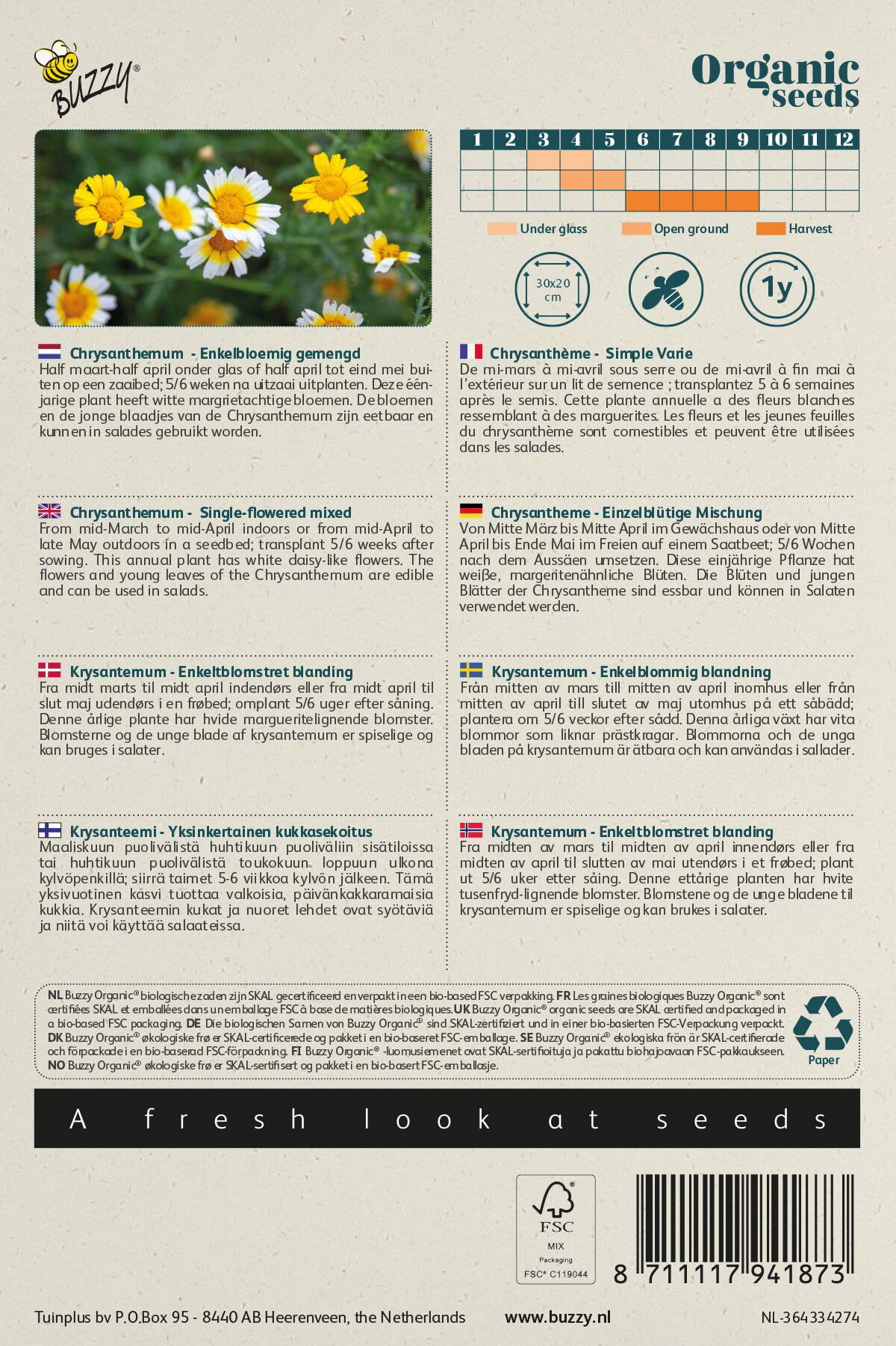 Frøpose med økologiske enkeltblomstrende krysantemumfrø