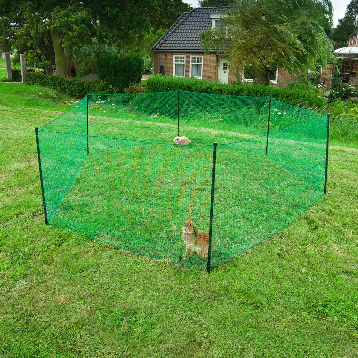 Udendørs kaninindhegning i grønt net på græsplæne