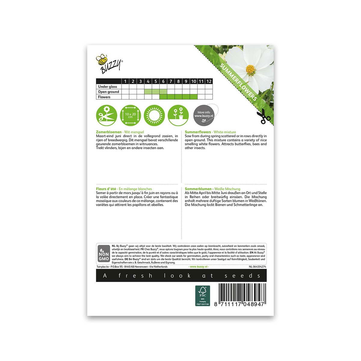 Bagside af pose med hvide sommerblomster frøblanding