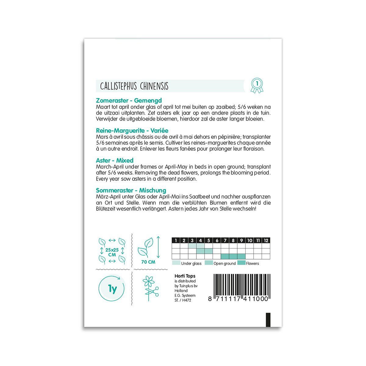 Bagside af frøpose til Callistephus chinensis sommeraster