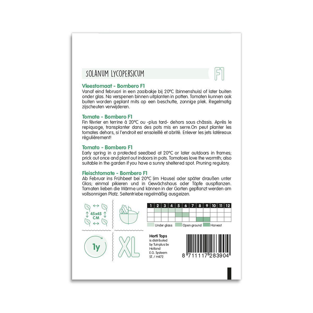 Bagside af pakke med tomatfrø Bombero F1 og dyrkningsinfo