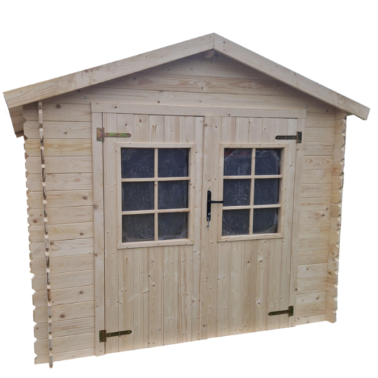 Lyst træ redskabsskur med dobbeltdør og ruder